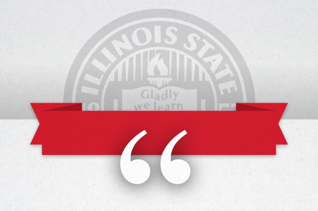 Illinois State University seal with a quotation mark in the foreground