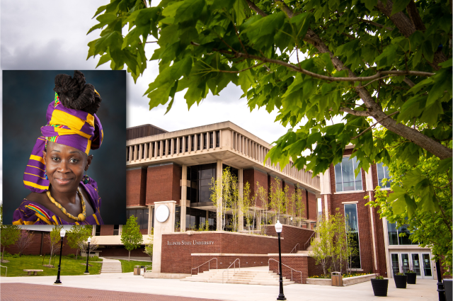 Dr. Aduonum's headshot and a photo of Milner Library