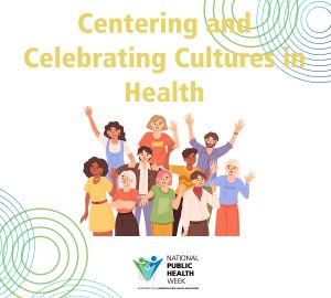 Centering and Celebrating Cultures in Health’ with an illustration of a diverse group of people smiling and making celebratory gestures, the NPHW logo below and a design of concentric circles around