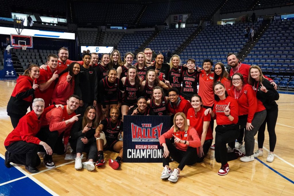 Illinois State University's women's basketball team celebrates winning the Missouri Valley Conference regular season title.