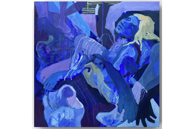 A primarily blue and black abstract oil painting that features a vague blonde woman in a chair looking up.