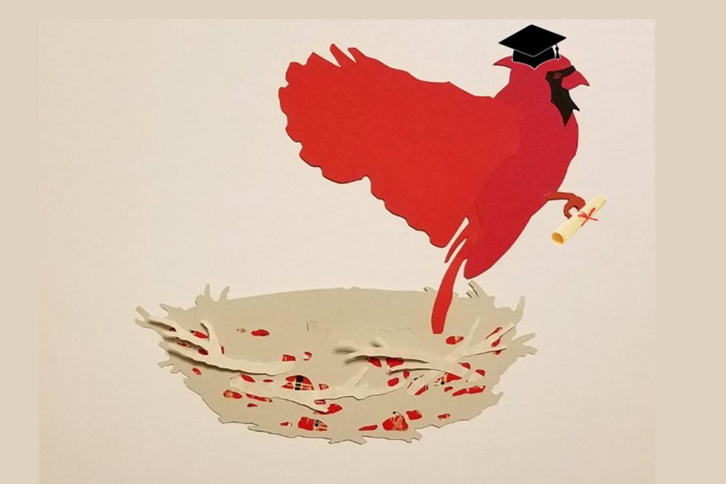 graphic of a Redbird wearing a graduation cap and flying out of a nest