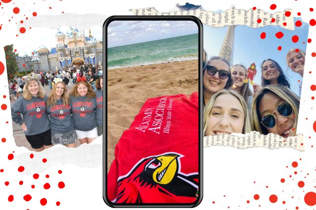 collage that includes photo of three women at Disney, a phone with a photo of a beach and a group of students with Eiffel Tower in background.