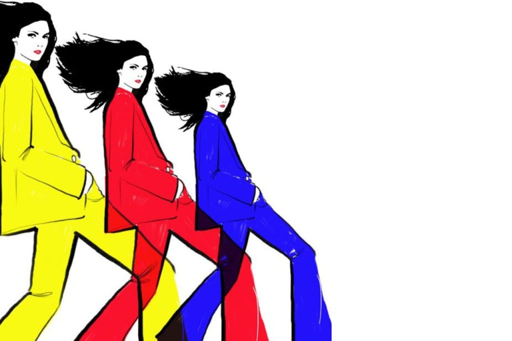 illustration of three women in some pose with a bent knee. They are wearing matching yellow, red and blue outfits.