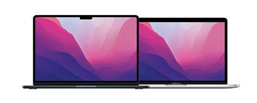Two Apple MacBook devices with pink-purple waves displayed on the screens