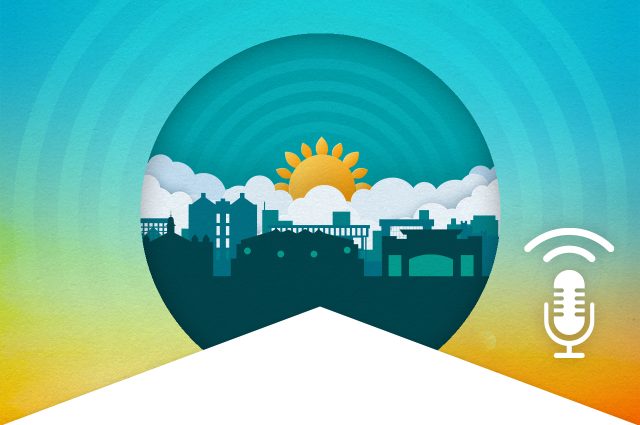 Artwork with ISU skyline, summer weather symbols, and podcast microphone