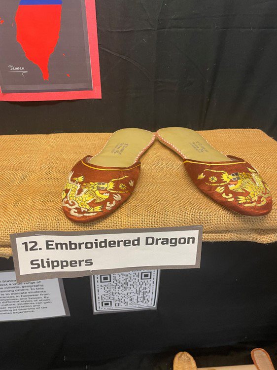 A pair of slippers embroidered with an intricate dragon design