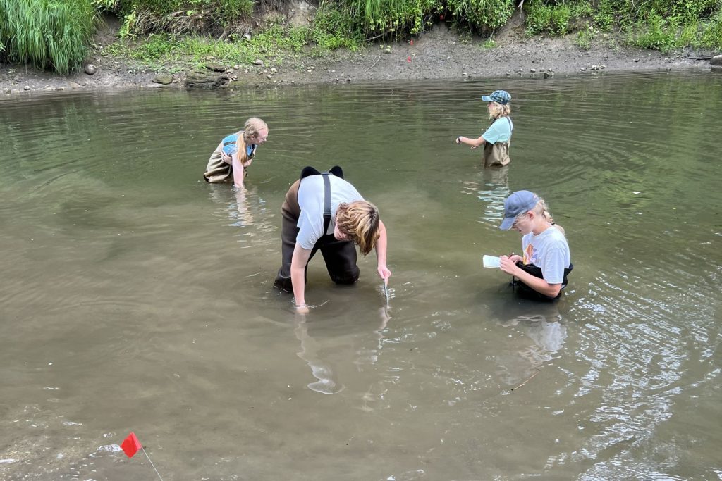 students wade through a river, taking measurements and observations