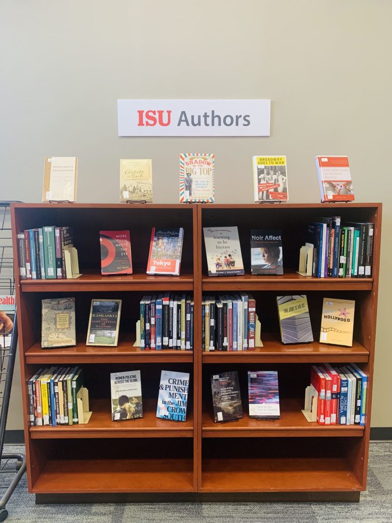 A book display on Floor 2 of Milner Library celebrates Illinois State authors