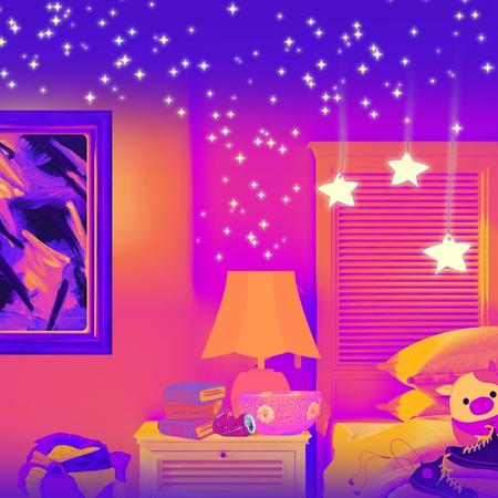 A vibrantly colored, messy room that fades up into a night sky with shining stars.