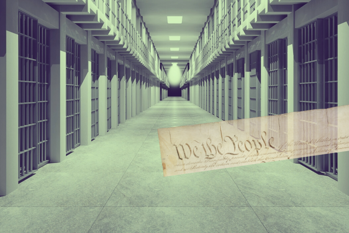 A prison hallway is juxtaposed with the words "We the people" from the U.S. Constitution.