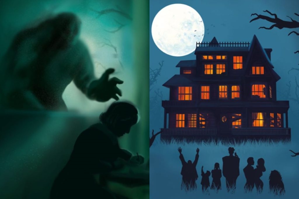 A split image that shows art from the production posters of each show. A hazy creature leaning over author Mary Shelley for Frankenstein and a cartoon silhouette of the Addams Family in front of a mansion at night.