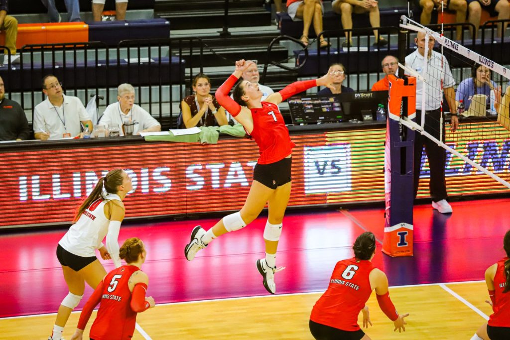 ISU volleyball player leaping for a hit