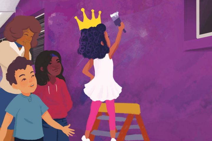 Illustration of a child wearing a crown who is standing on ladder and painting a building. A teacher and other students watch.