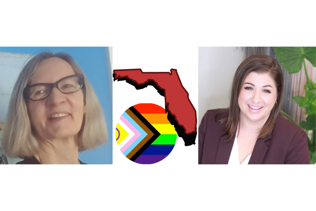 Drs. Shelley Park and Jen Sandoval from the University of Central Florida. In between them is the state of Florida (red) with a circular progress pride flag in between them.