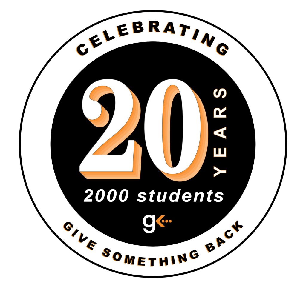 Give Something Back 20th Anniversary logo: 20 years, 2000 students