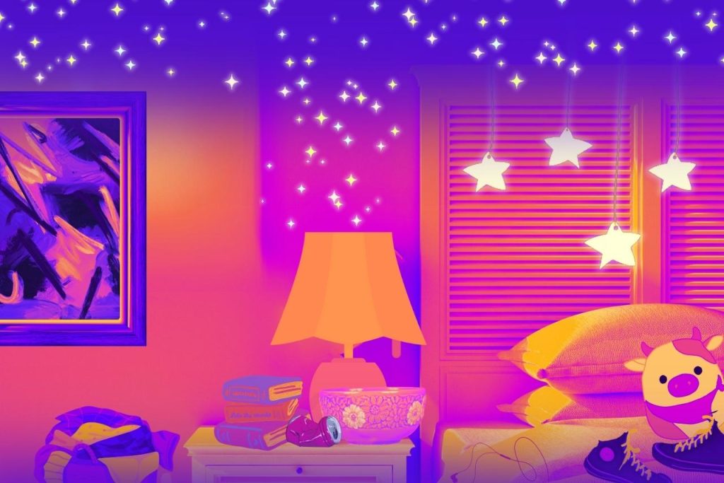 A vibrantly colored, messy room that fades up into a night sky with shining stars.