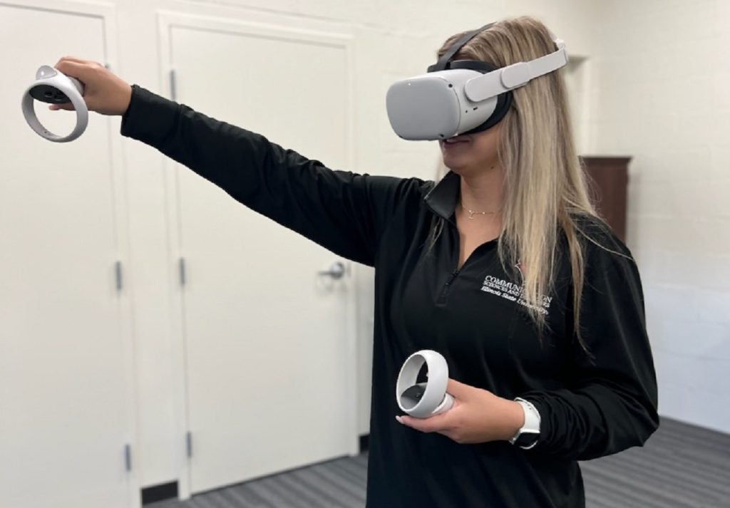 A woman explores the VR environment.