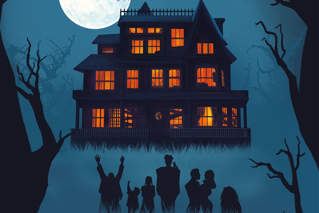 A cartoon silhouette of the Addams Family in front of a mansion at night.