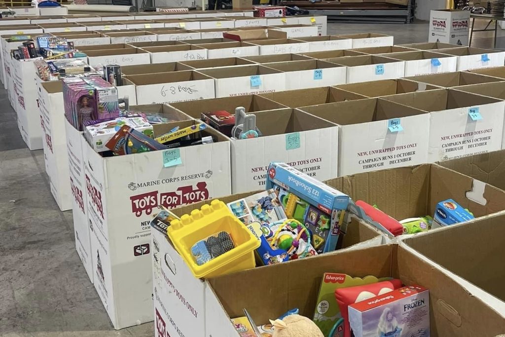 boxes of toys for donation to Toys for Tots