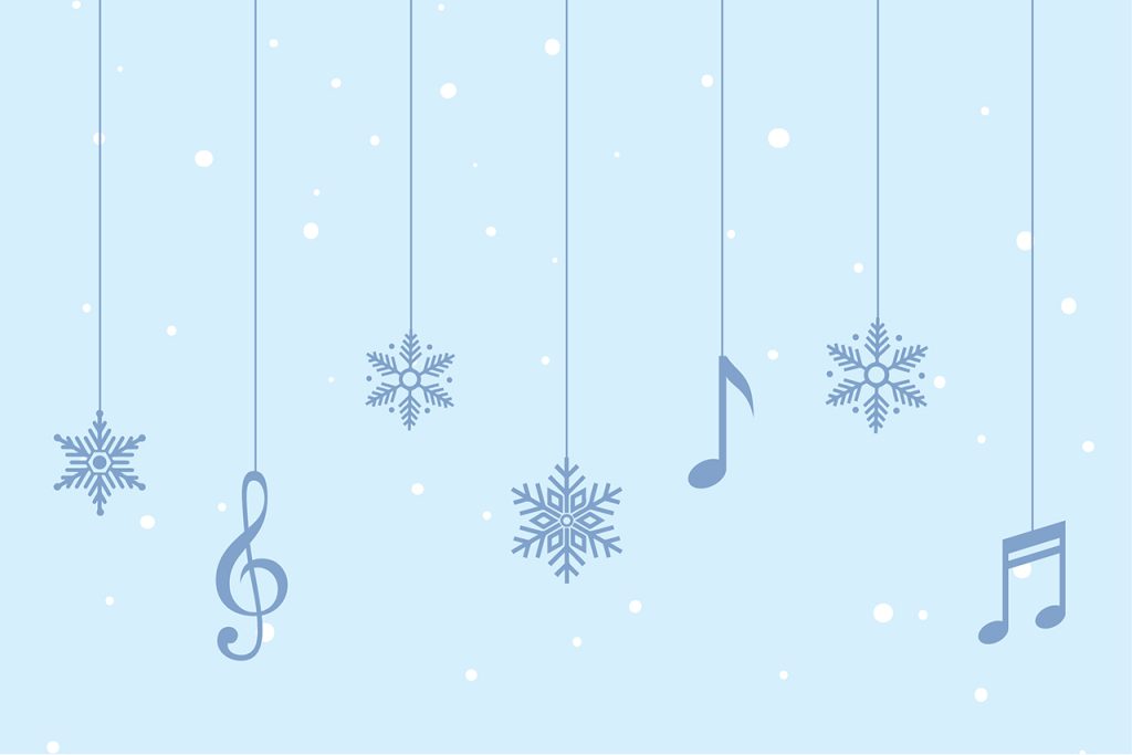 Specs of snow falling on a solid blue (sky) and snowflakes and music notes hung like ornaments.