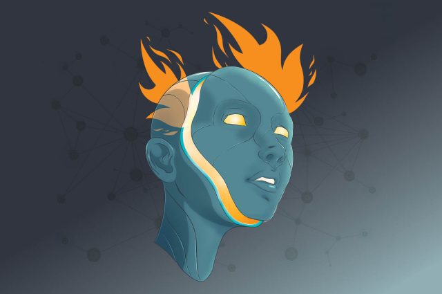 illustration of robotic face with flames emitting from face promoting AI story