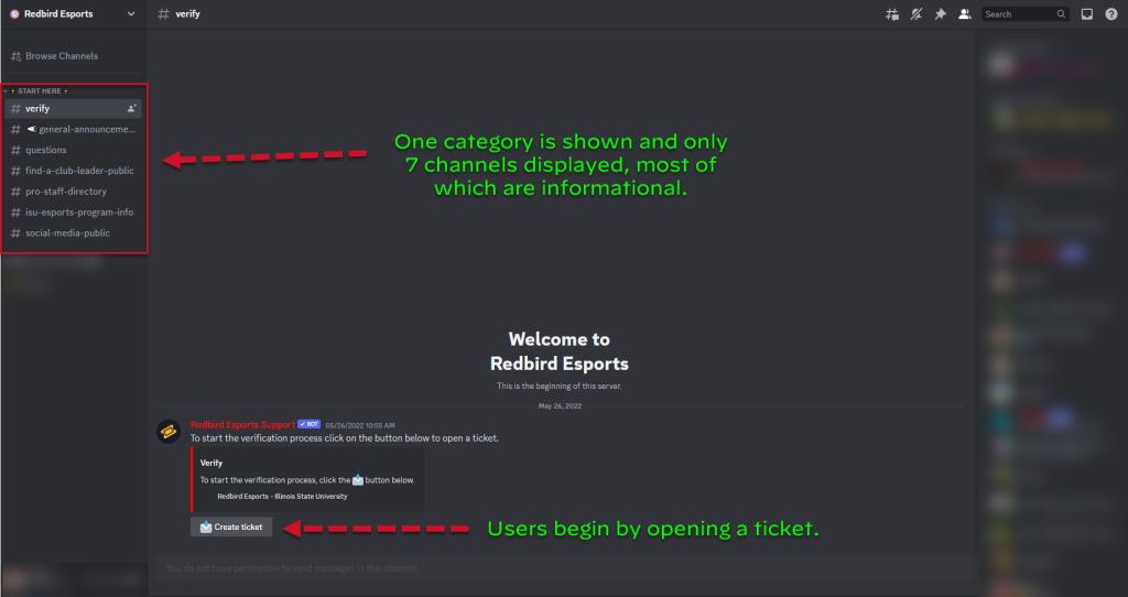 A screenshot of the Redbird Esports Discord server's "homepage" is shown.