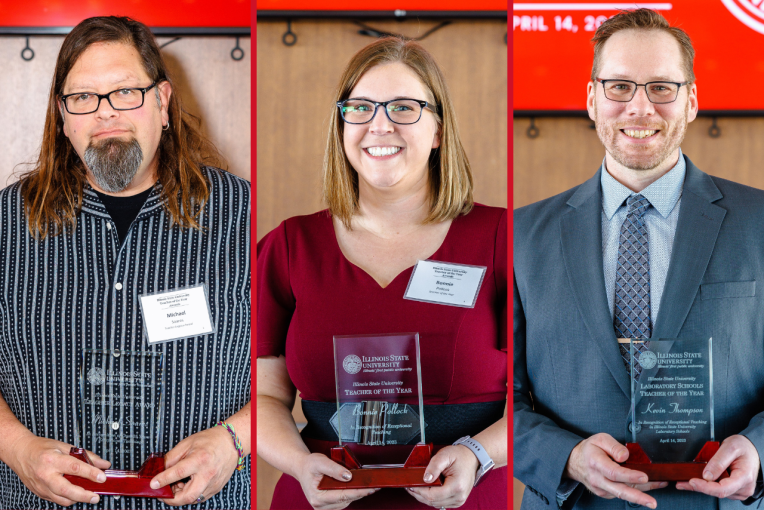 The 2023 Teacher of the Year Awardees in order from left to right: Dr. Michael Soares ‘95, M.S. ‘04, Ph.D. ’18 - Legacy Award Winner, Bonnie Pollock ‘13, M.S. ‘16 - Teacher of the Year Award Winner, and Dr. Kevin Thompson, M.S. ‘02, Ed.D. ‘07 - Laboratory Schools Teacher of the Year.
