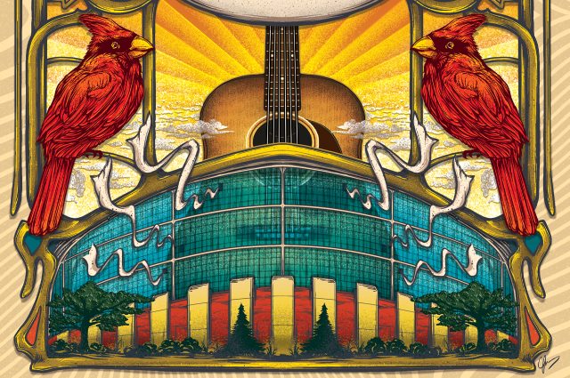 Illustration of a guitar over Horton Field House, which is flanked by two redbirds