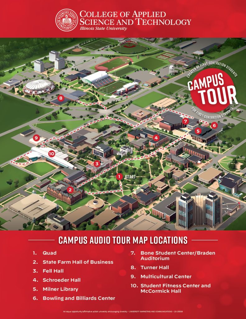 Campus tour map locations: Shows illustrated map of campus wit the following locations: 1. Quad, 2. State Farm Hall of Business, 3. Fell Hall, 4. Schroeder Hall, 5. Milner Library 6. Bowling and Billiards Center, 7. Bone Student Center/Braden Auditorium, 8. Turner Hall, 9. Multicultural Center, 10. Student Fitness Center and McCormick Hall