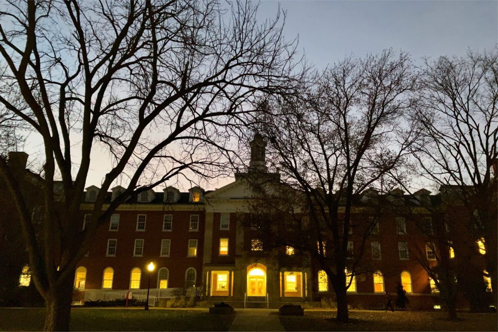 Fell Hall at twilight as seen from the Quad.