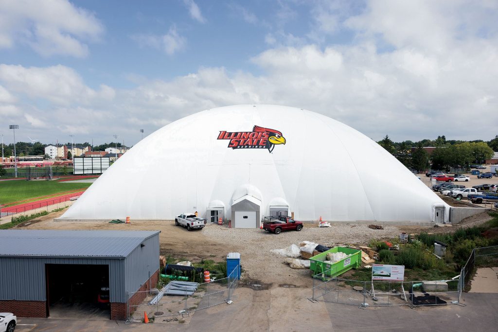 the inflated indoor practice facility near the end of construction
