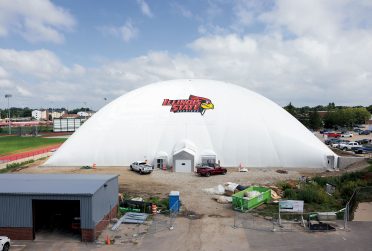 the inflated indoor practice facility near the end of construction