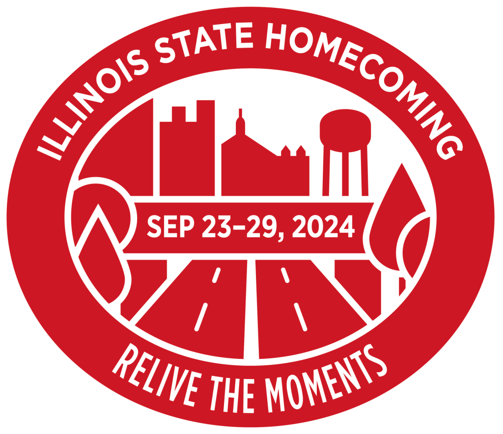 Illinois State Homeomcing logo with the 2024 theme "Relive the Moments," the Normal skyline, and the dates Sep 23-29, 2024