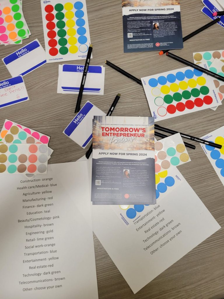 A table covered in colorful dot stickers and an Institute promotional flyer. 