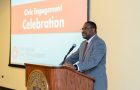 Illinois State University Interim President Aondover Tarhule presents at the 2023 Civic Engagement Celebration.