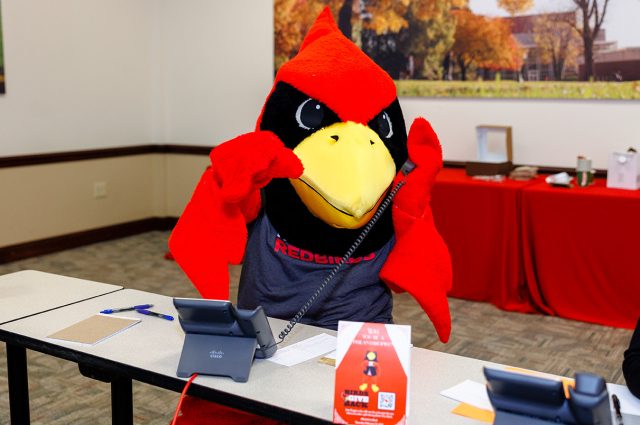 Reggie Redbird pictured on Birds Give Back, February 2023.