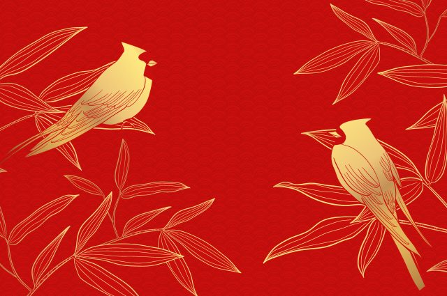 asian-style art of 2 cardinals in branches