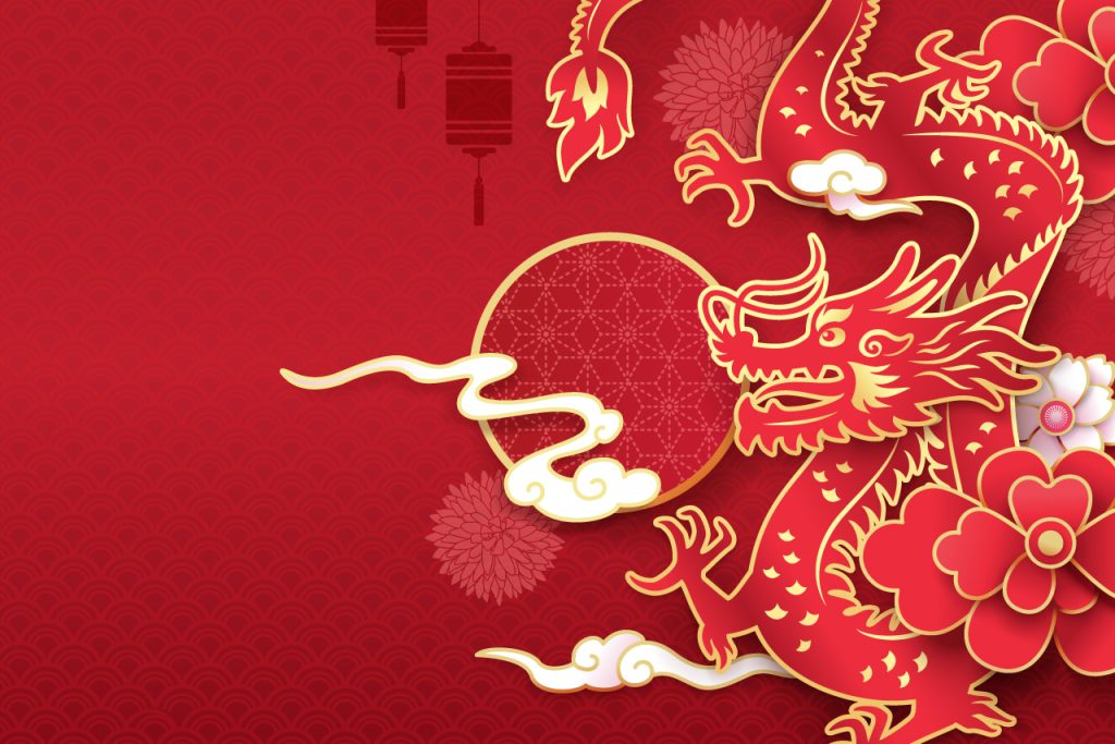 Eastern style dragon (long) against a red patterned background