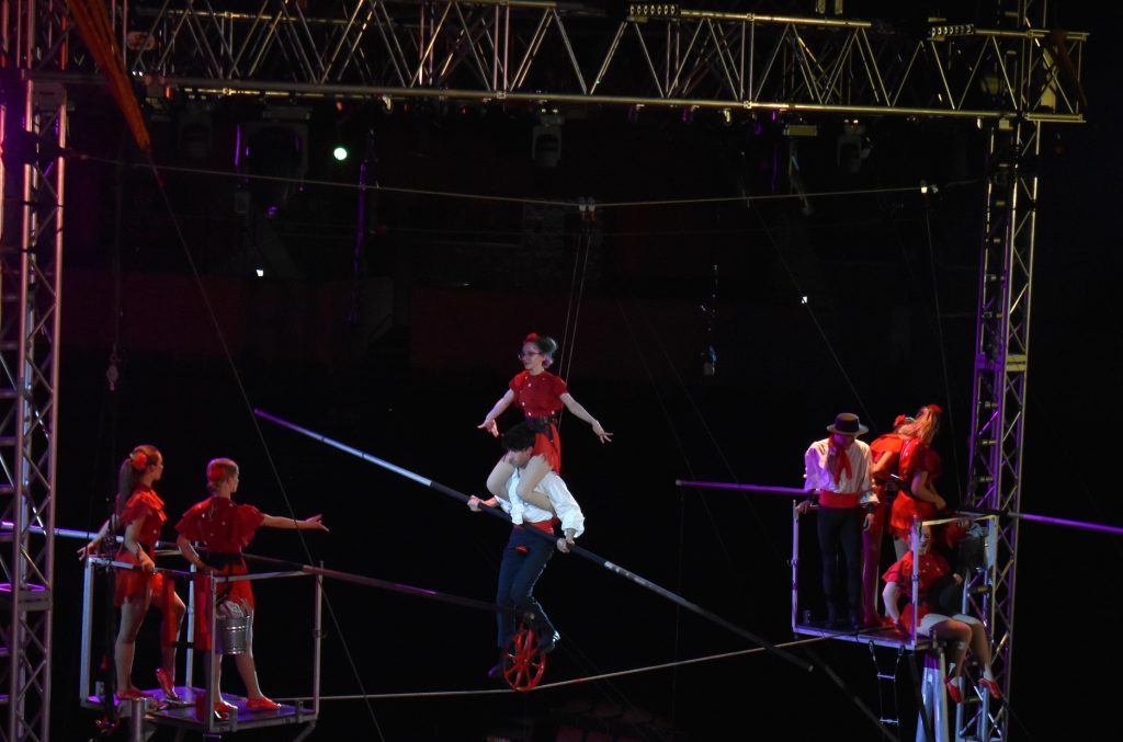 Marcheschi performing high wire act.