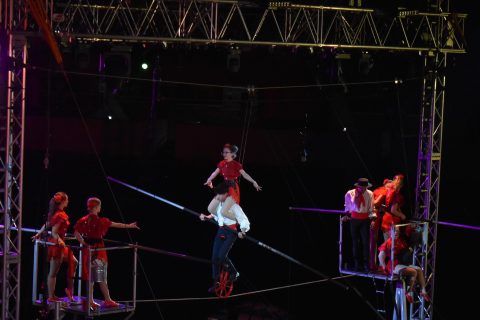 Marcheschi performing high wire act.