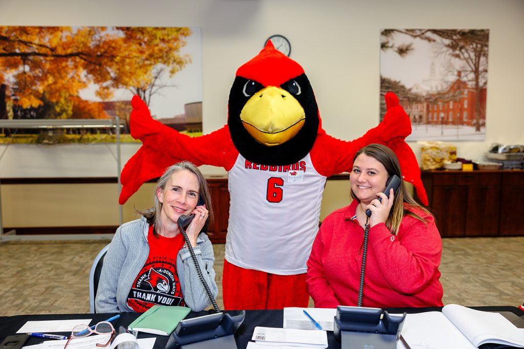 Reggie Redbird pictured at the Birds Give Back Command Center with University Advancement on February 22, 2024.
