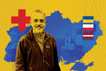 Conceptual image of Jerry Wirth over a map of Ukraine, Latvia.