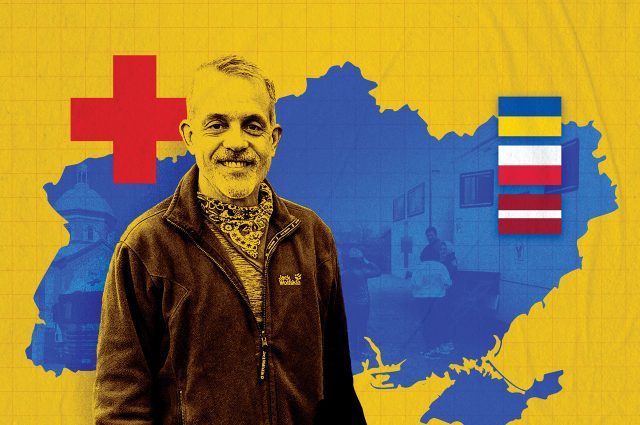Conceptual image of Jerry Wirth over a map of Ukraine, Latvia.