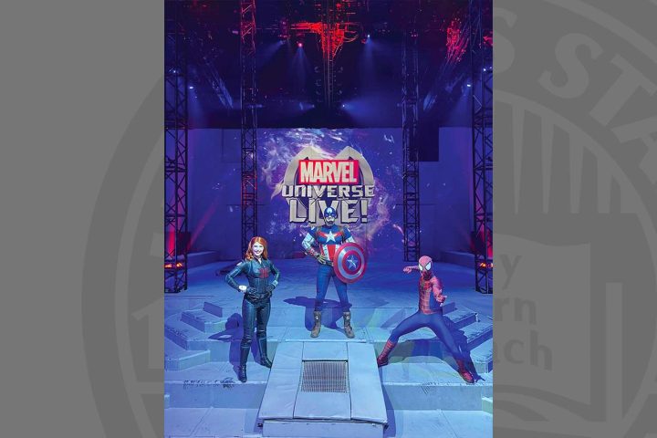 Sophie Remmert ’20, a Gamma Phi Circus alum, spends her days portraying Black Widow (far left), in the world's biggest touring stunt show.