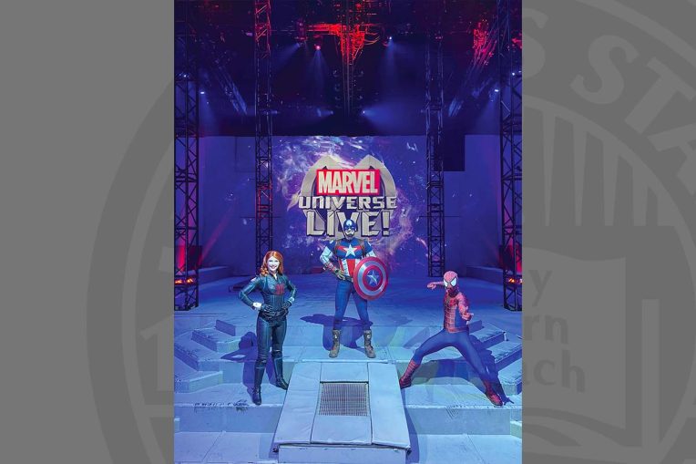Sophie Remmert ’20, a Gamma Phi Circus alum, spends her days portraying Black Widow (far left), in the world's biggest touring stunt show.