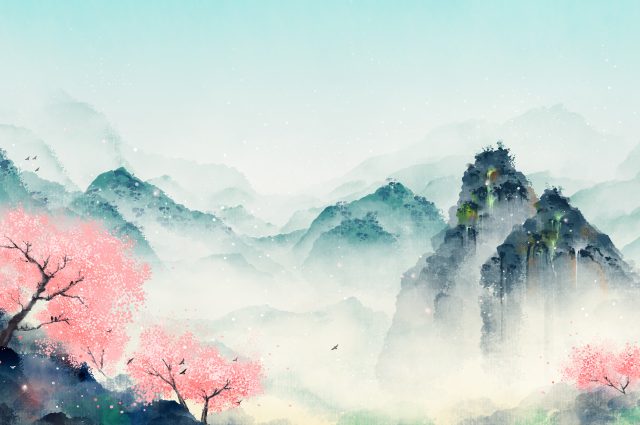 watercolor of a mountainous landscape with flowering trees