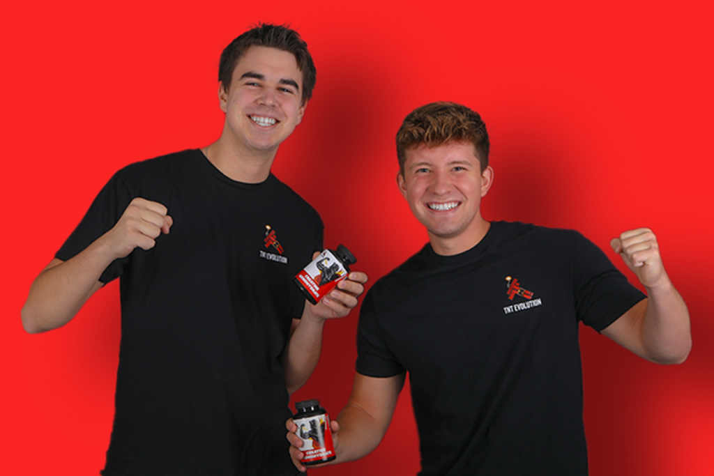 Tyler Scheck and Tyler Rolinitis hold their product