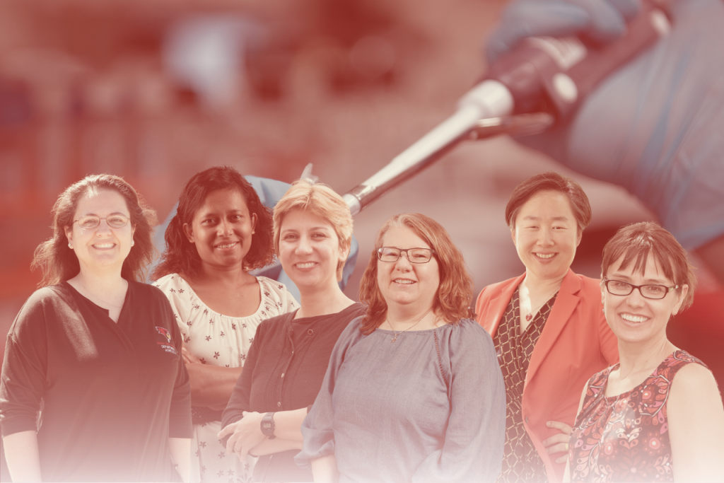 From left to right, Dr. Ashlihan D. Spaulding, Dr. Mahua Biswas, Dr. Elahe Javadi, Dr. Dawn McBride, Dr. Chang Su-Russell, and Dr. Rachel Bowden with a photo of hands in the background inserting a needle into a test tube