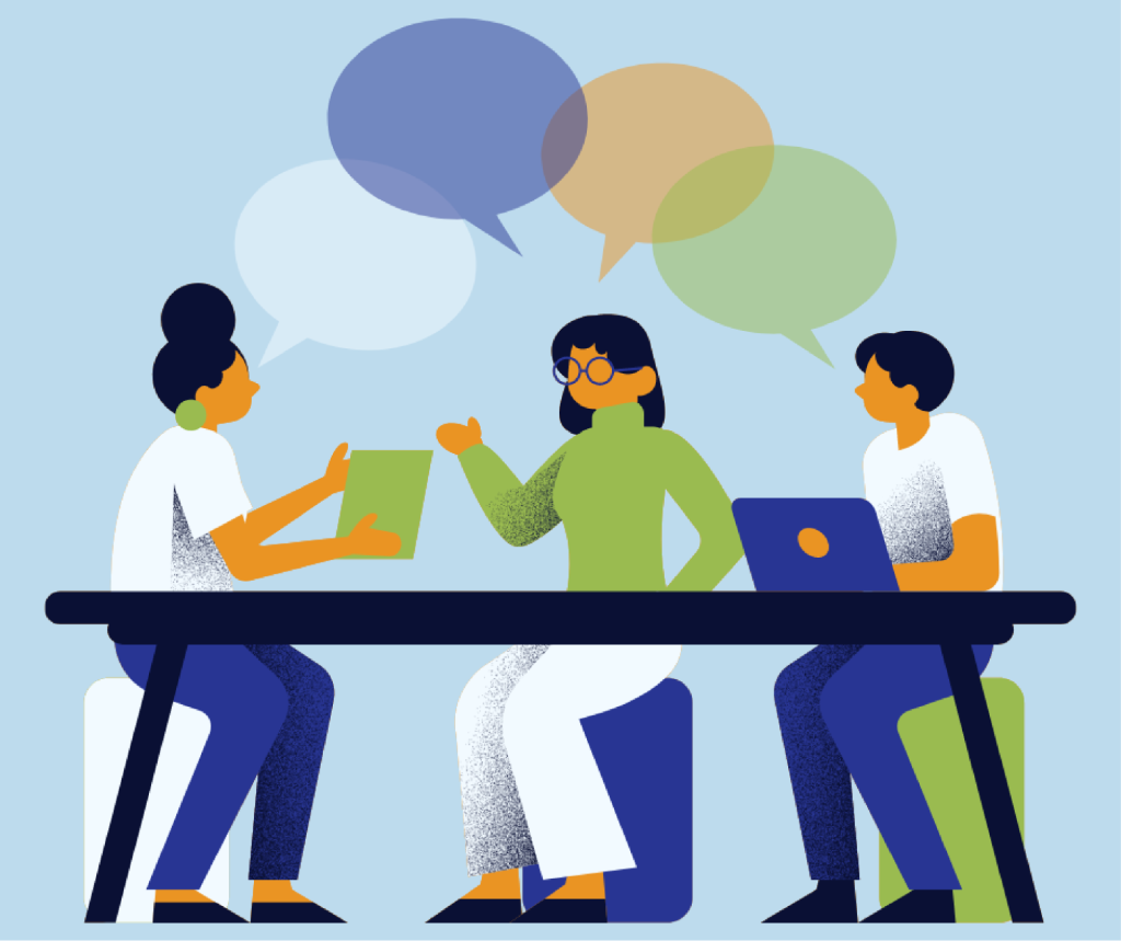 Illustration of three people sitting around a table with speech bubbles above their heads.